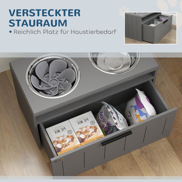 PawHut Hundenäpfe, Erhöhte Futterstation mit 2 Edelstahlschüsseln, Anti-Schling-Matte, Hundenapfständer mit 25L Stauraum, Fressnapf, Wassernapf für große und extra große Hunde, Grau