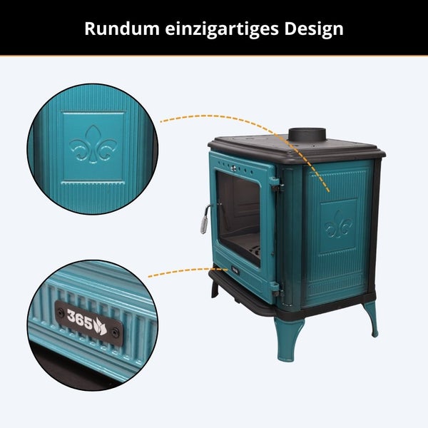 Kaminofen mit dekorativen Seitenwänden, Lilienrelief und Plakette mit 365 Logo an der Vorderseite.