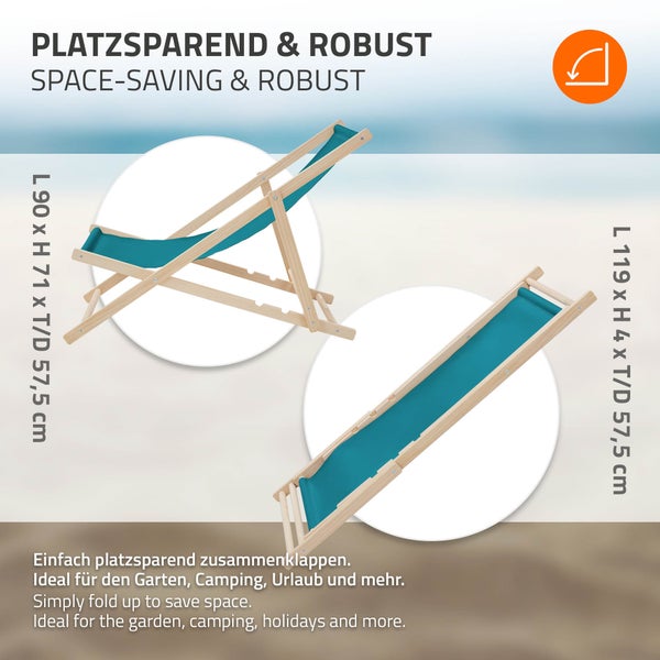 Klappbarer Liegestuhl aus Holz und Stoff in aufgestellter und zusammengeklappter Ansicht mit Maßangaben für Garten und Camping.