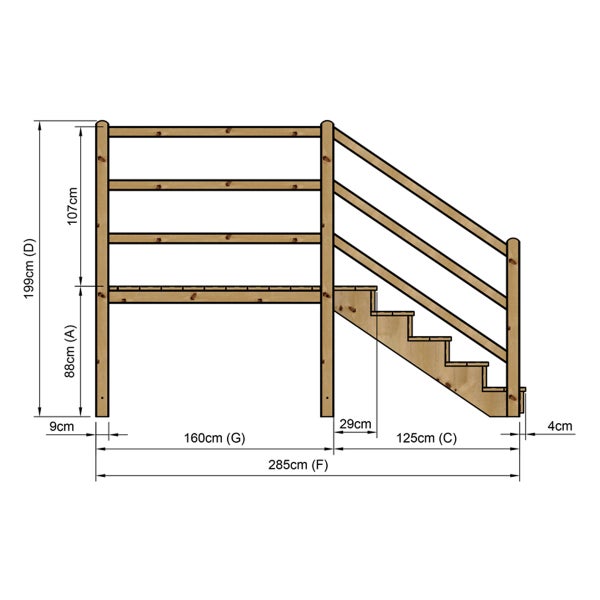 Technische Zeichnung einer Holztreppe mit Geländer und den Maßen.