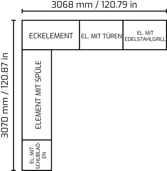 Draufsicht einer Küchenplanung mit Maßen und Elementen