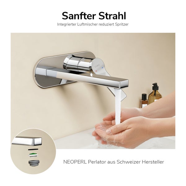 Wandmontierte Waschtischarmatur mit Neoperl Luftsprudler für einen spritzarmen Wasserstrahl.