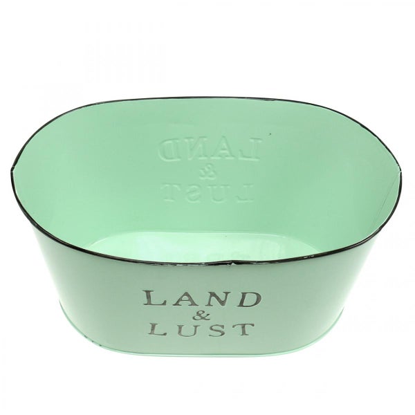 Metallpflanzgefäß mit Aufschrift Land und Lust