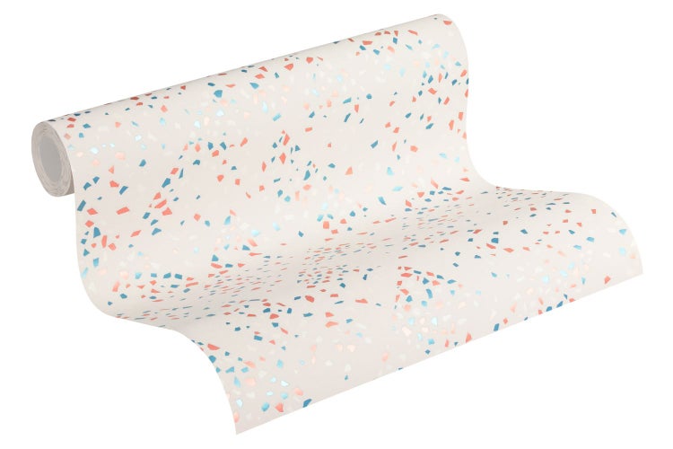 Wohnzimmer mit grauem Sofa, Couchtisch und Tapete mit Punktmuster