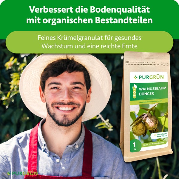 Lächelnder Gärtner mit Strohhut neben Purgrün Walnussbaum Dünger 1 Kilogramm, organisch, bio und vegan für gesundes Wachstum und Purgrün Logo.