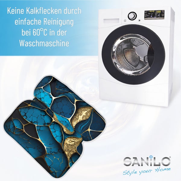 Sanilo WC Vorleger mit abstraktem Muster, geeignet für Waschmaschine bei 60 Grad Celsius, Sanilo Logo.