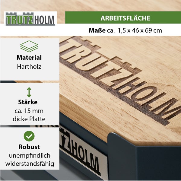 Trutzholm Arbeitsplatte aus Hartholz mit eingraviertem Logo, 1,5 mal 46 mal 69 Zentimeter, robust und widerstandsfähig.
