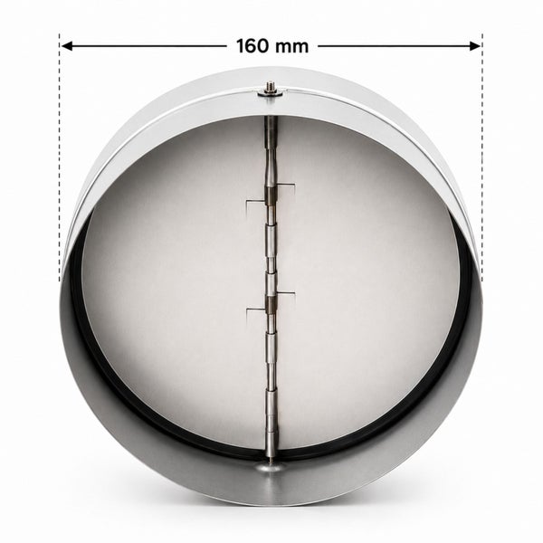 Rückschlagklappe aus Metall für Lüftungsrohre, Durchmesser 160 Millimeter.