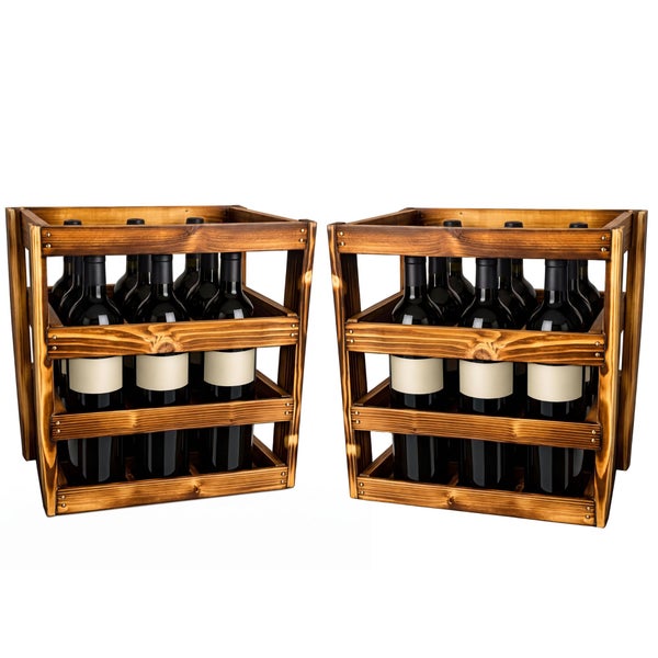 Zwei Weinkisten aus Holz zur Aufbewahrung von jeweils mehreren Weinflaschen im rustikalen Design.