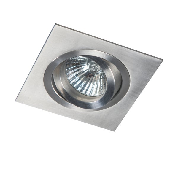 Quadratischer Einbaustrahler aus gebürstetem Metall, schwenkbar.