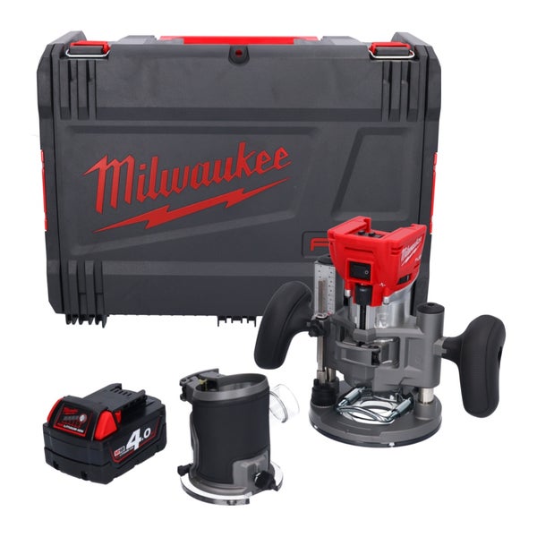 Milwaukee Akku-Kantenfräse und Oberfräse Set mit Akku, zwei Fräsmodulen und Transportkoffer.