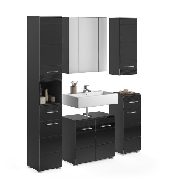 Modernes Badmöbel-Set in Schwarz mit Hochschrank, Spiegelschrank, Hängeschrank, Waschbecken, Waschbeckenunterschrank und Beistellschrank.