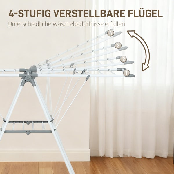 Wäscheständer aus Metall und Kunststoff mit vierstufig verstellbaren Flügeln zur Anpassung an unterschiedliche Wäschebedürfnisse.