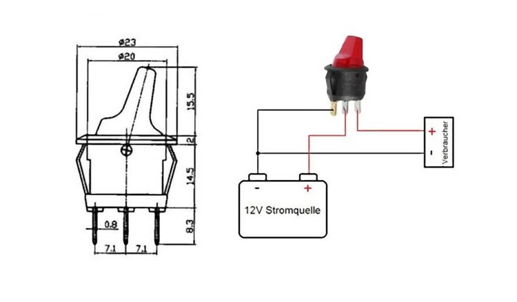 Maßzeichnung und Schaltplan für einen runden Wippschalter mit 12 Volt Stromquelle und Anschluss für einen Verbraucher.