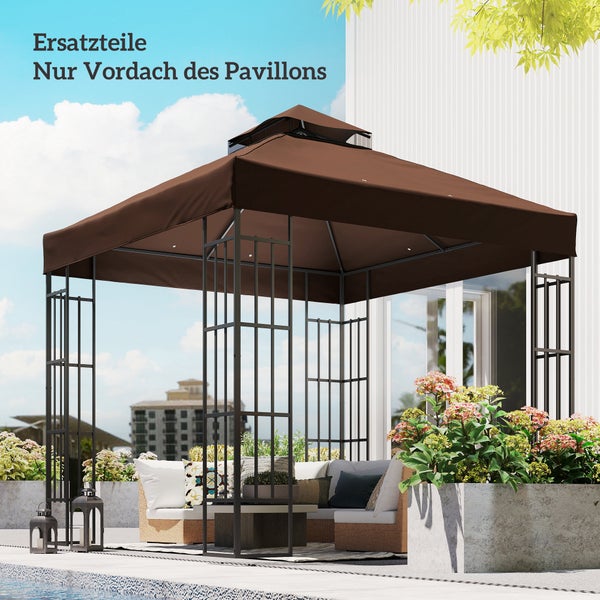 Ersatzdach für einen Gartenpavillon, zweistufiges Vordach aus Stoff in Braun auf einem schwarzen Metallgestell.