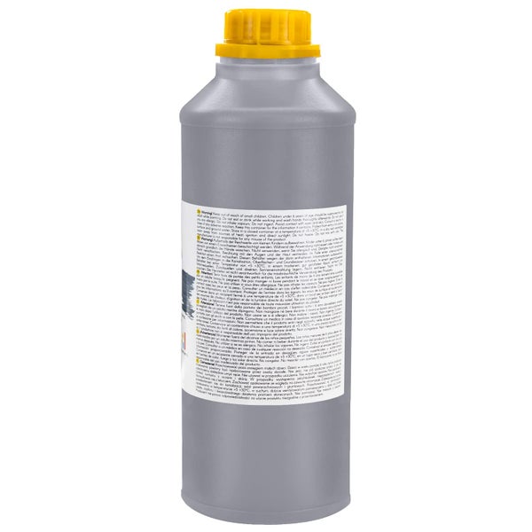 Graue Kunststoffflasche mit gelbem Schraubverschluss und mehrsprachigem Etikett mit Sicherheitshinweisen.