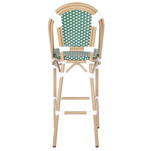 Bistro Barstuhl mit Aluminiumgestell in Rattan-Optik, grün-weiß kariertes Geflecht an Sitzfläche und Rückenlehne.