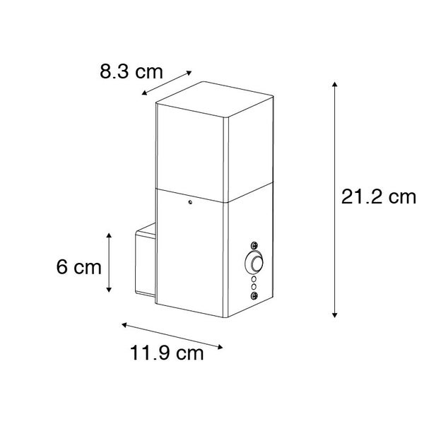 Maßskizze einer rechteckigen Außenwandleuchte mit Bewegungsmelder: Höhe 21,2 Zentimeter, Breite 8,3 Zentimeter, Tiefe 11,9 Zentimeter.