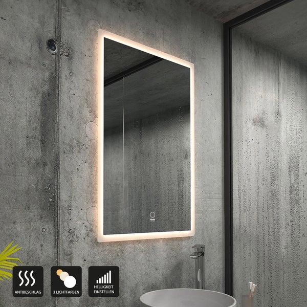 Home Deluxe - LED-Spiegel NOLA - Rechteckig 70 x 90 cm - 3 verschiedene Lichtfarben, Antibeschlagssystem - 38 Watt Gesamtleistung I Wandspiegel Badspiegel Badezimmerspiegel