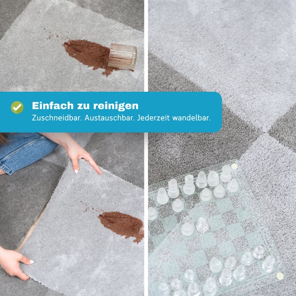 Modulare Teppichfliesen, die einfach zu reinigen und auszutauschen sind. Gezeigt wird das Entfernen einer verschmutzten Fliese.