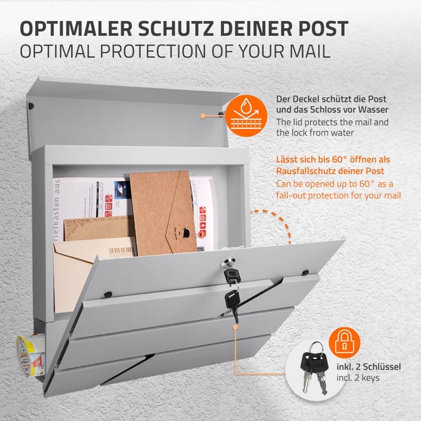 ECD Germany Standbriefkasten mit Zeitungsfach, Briefkasten mit Pfosten, Standfuß freistehend, Briefkastenanlage Briefkastenständer Silber Edelstahl, Postkasten Hellgrau Edelstahl pulverbeschichtet