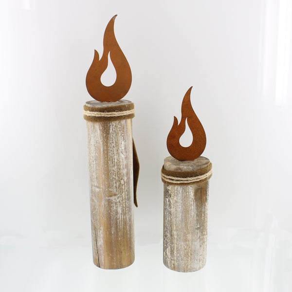 FRANK FLECHTWAREN | Säule Flammendes Herz, 2er Set, HOLZ, METALL, Höhe 33 cm, 45 cm