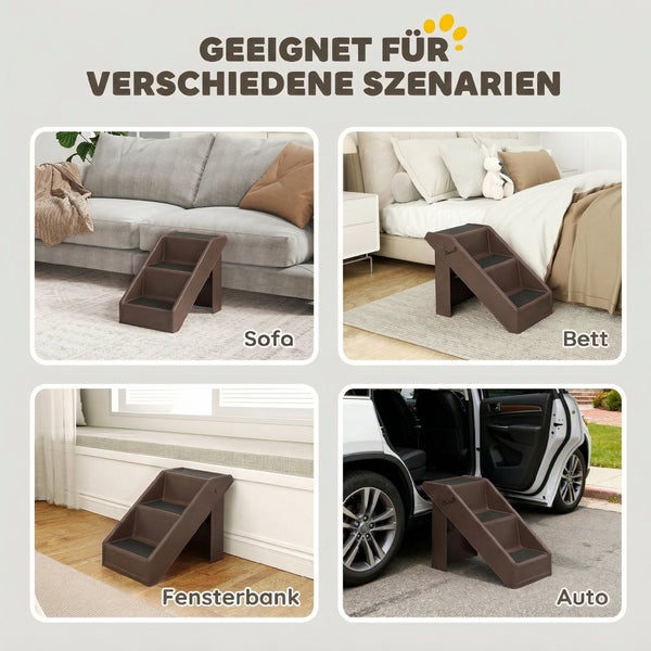 Dreistufige Tiertreppe aus Kunststoff in verschiedenen Anwendungsszenarien wie Sofa, Bett, Fensterbank und Auto.