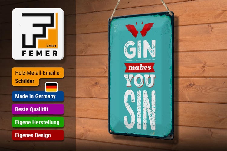 Blechschild Spruch Gin makes you Sin Devil Hell 20x30cm
