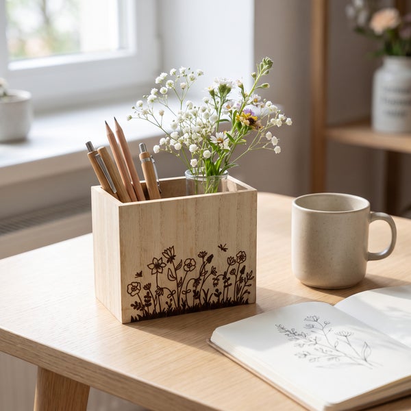 Holz Stiftebox mit Blumenmotiv als Schreibtischorganizer mit Stiften und einer kleinen Blumenvase auf einem Holztisch.
