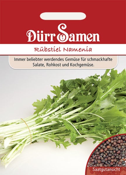 Samenpackung für Rübstiel Namenia von Dürr Samen mit einer Abbildung von frischen grünen Blättern mit weißen Stielen und einer Saatgutansicht.