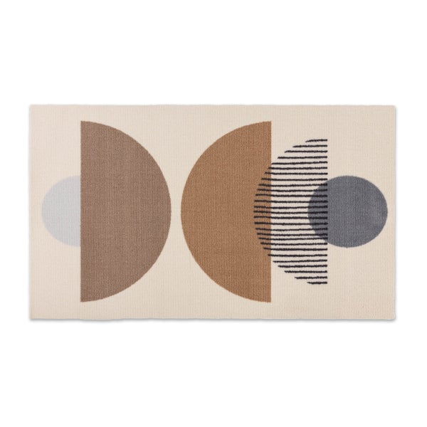 Rechteckiger Teppich in Beige mit abstraktem Muster aus braunen und grauen Halbkreisen sowie Streifen.