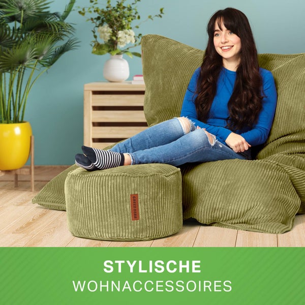 Green Bean Sitzsack + Pouf im Set - XXL Riesensitzsack mit passenden Fußhocker | EPS Füllung Bean Bag Bodenkissen Liegekissen Sitzkissen Indoor Drinnen Waschbar Grün