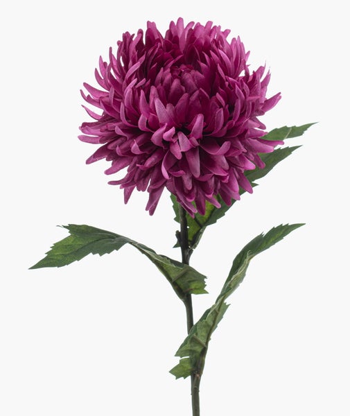Künstliche Chrysantheme mit violetter Blüte, grünem Stängel und Blättern.