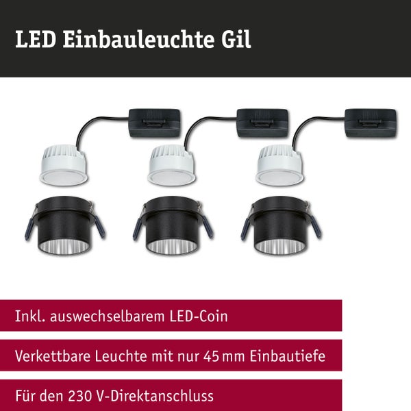 Drei verkettbare LED Einbauleuchten Gil im Set, inklusive auswechselbarem LED-Coin, für 230 Volt Anschluss, 45 Millimeter Einbautiefe.