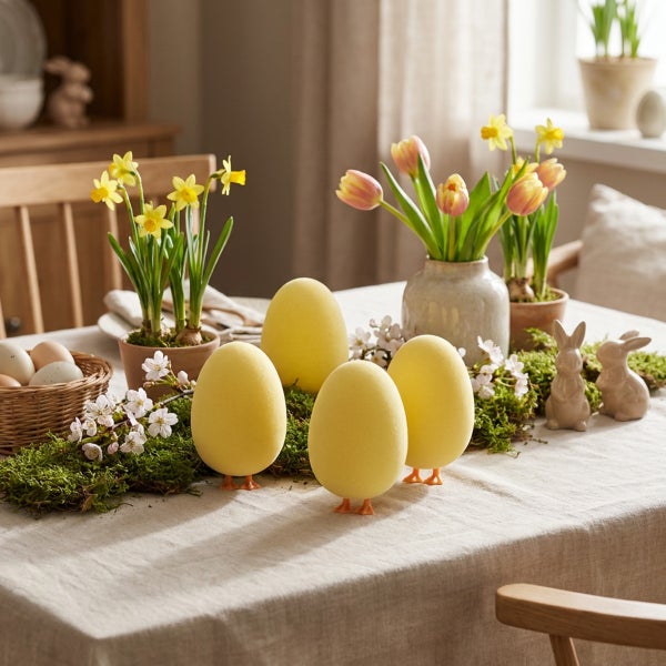 Osterdekoration mit Eiern auf Beinen auf einem Tisch mit Moos, Blumen in Vasen und Osterhasenfiguren.