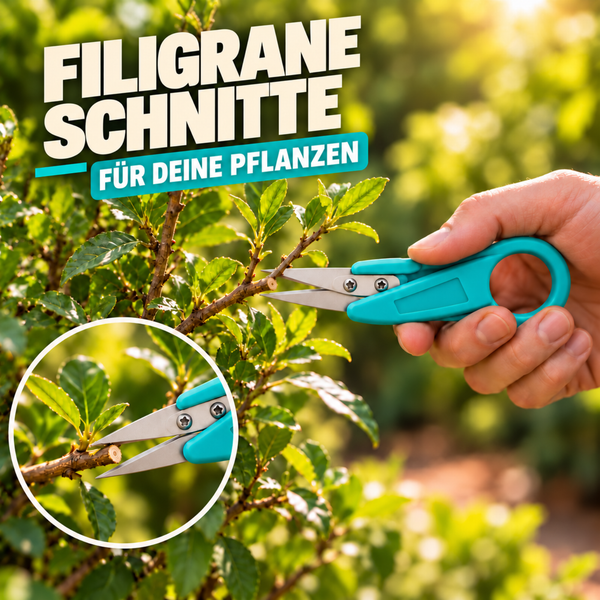 Hand mit kleiner Gartenschere beim Beschneiden einer Pflanze im Garten für präzise Schnitte.
