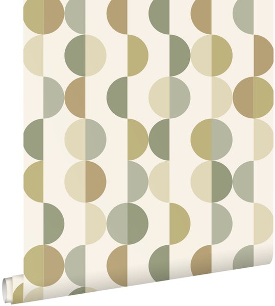 Vliestapete mit geometrischem Muster aus Kreisen und Halbkreisen in Naturtönen.