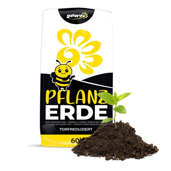 Galamio Logo. Torfreduzierte Pflanzerde im 60 Liter Sack mit einer kleinen Pflanze in einem Erdhaufen.