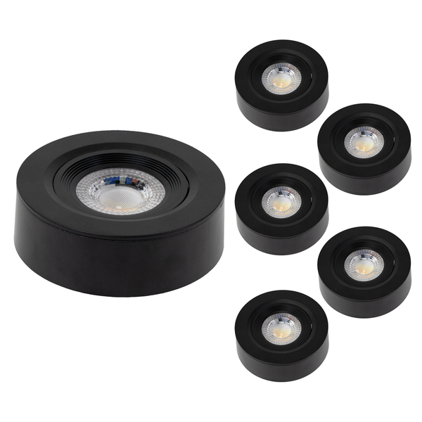 Sechser-Set runde schwarze LED-Aufbaustrahler aus Metall für die Decke.