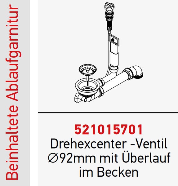 Drehexcenter Ventil Ablaufgarnitur mit 92 Millimeter Durchmesser und Überlauf für Waschbecken