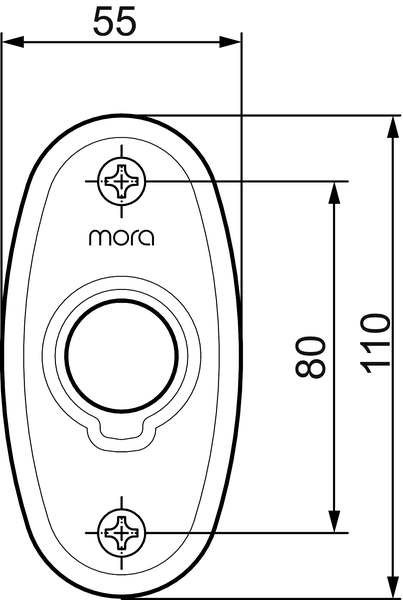 Maßzeichnung einer ovalen Mora Abdeckplatte mit einer Breite von 55 Millimeter, einer Gesamthöhe von 110 Millimeter und einem Lochabstand von 80 Millimeter.