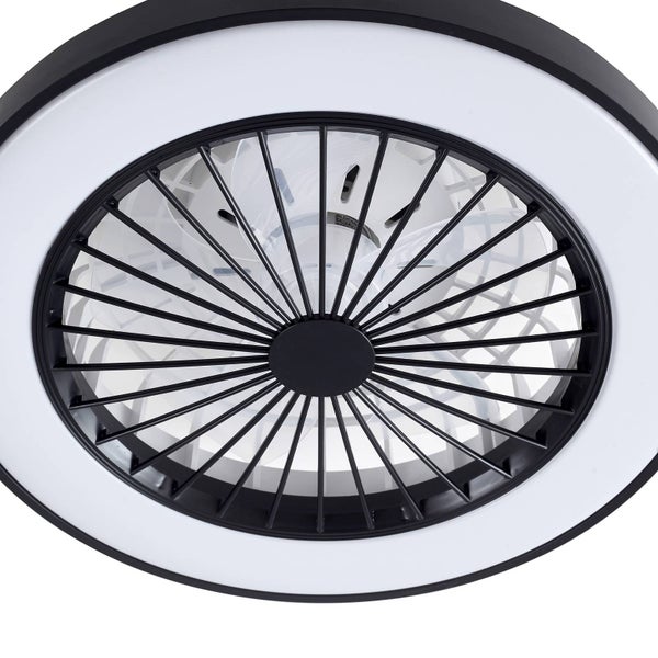 Moderner runder Deckenventilator mit integrierter LED-Beleuchtung und schwarzem Schutzgitter.