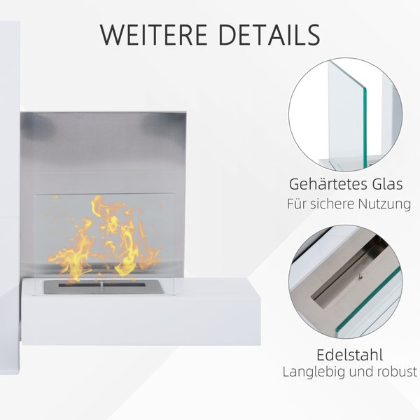 HOMCOM, Ethanol-Kamin, Bio-Ethanol-Brenner, 75L x 63B x 22T cm, Rostfreier Stahl, Weiß