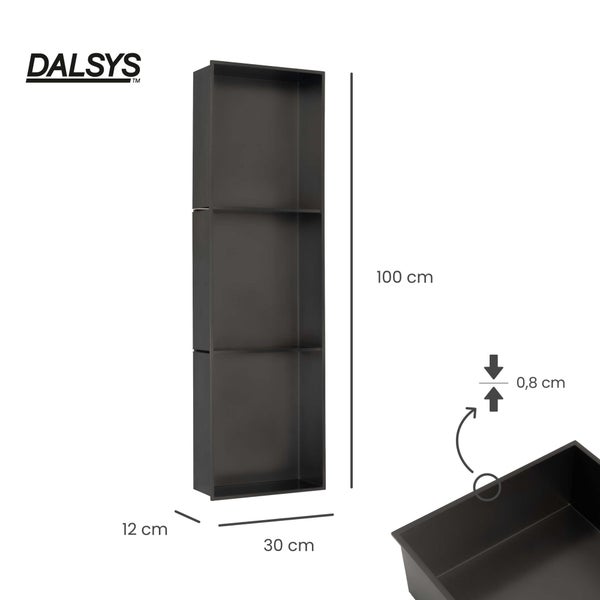 DALSYS Logo. Wandnische mit drei Fächern, Maße 100 mal 30 mal 12 Zentimeter, Materialstärke 0,8 Zentimeter.