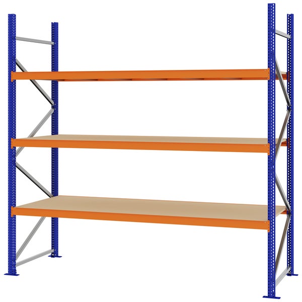 Schwerlastregal aus Metall mit blauem Rahmen, orangefarbenen Traversen und drei Holzböden