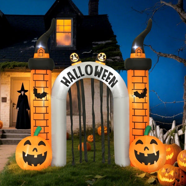 Aufblasbarer Halloween-Bogen mit Kürbissen und Hexenhüten zur Dekoration
