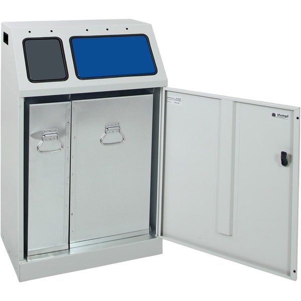 Abfalltrennsystem aus Metall mit zwei Behältern und einer geöffneten Tür