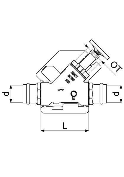 Technische Zeichnung eines Schrägsitzventils mit Maßangaben für Durchmesser d, Länge L und Oberteil OT.