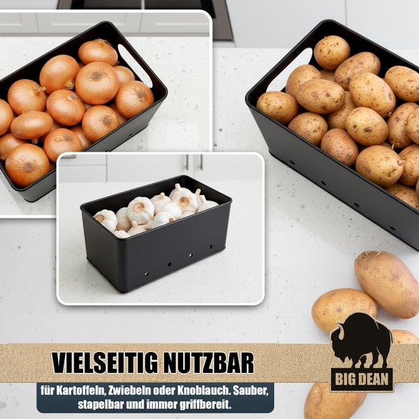 Aufbewahrungsboxen mit Kartoffeln, Zwiebeln und Knoblauch