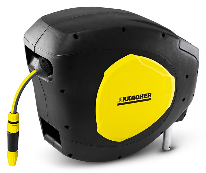 Kärcher Schlauchbox mit Gartenschlauch und Kärcher Logo